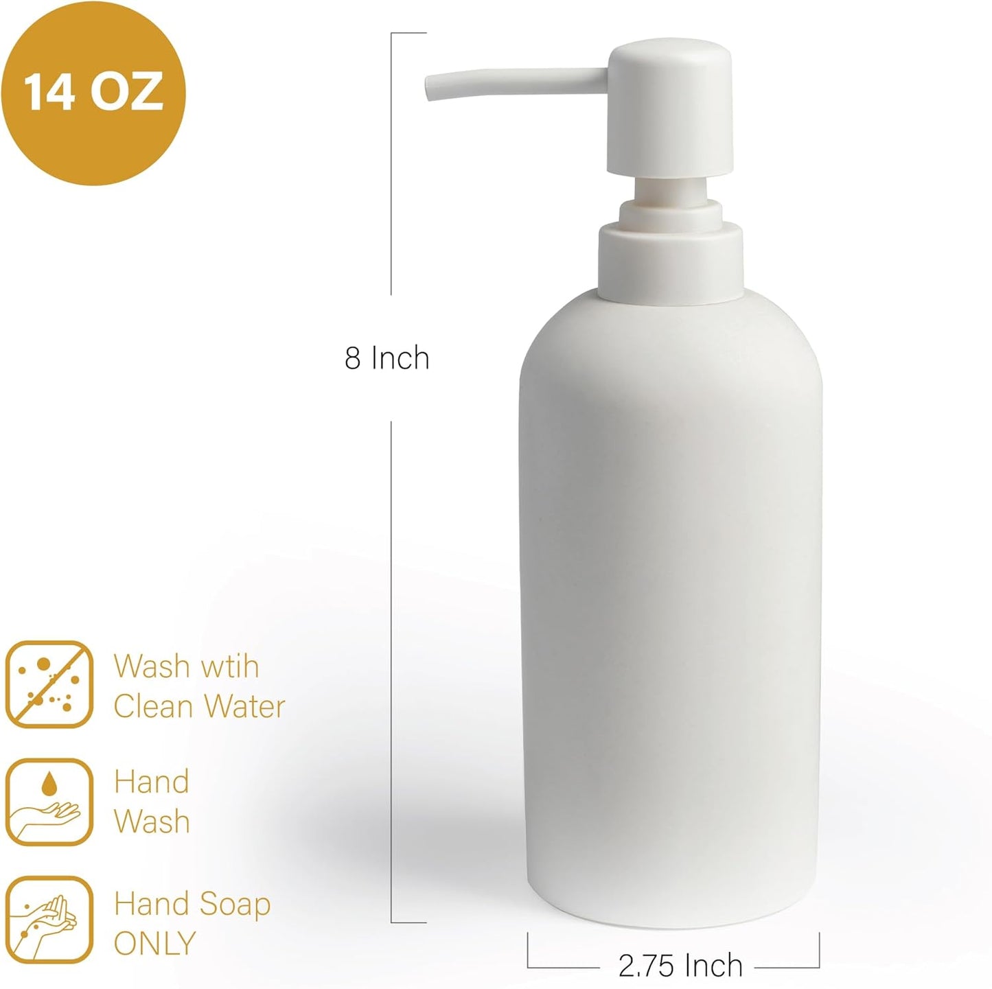 Soap Dispenser - Refillable Resin Pump Bottle for Shampoo, Body Wash, Shower Gel, Lotion, Dishsoap - Modern Decorative Accessories for Kitchen, Bathroom, Countertop - 12.5 oz (White)