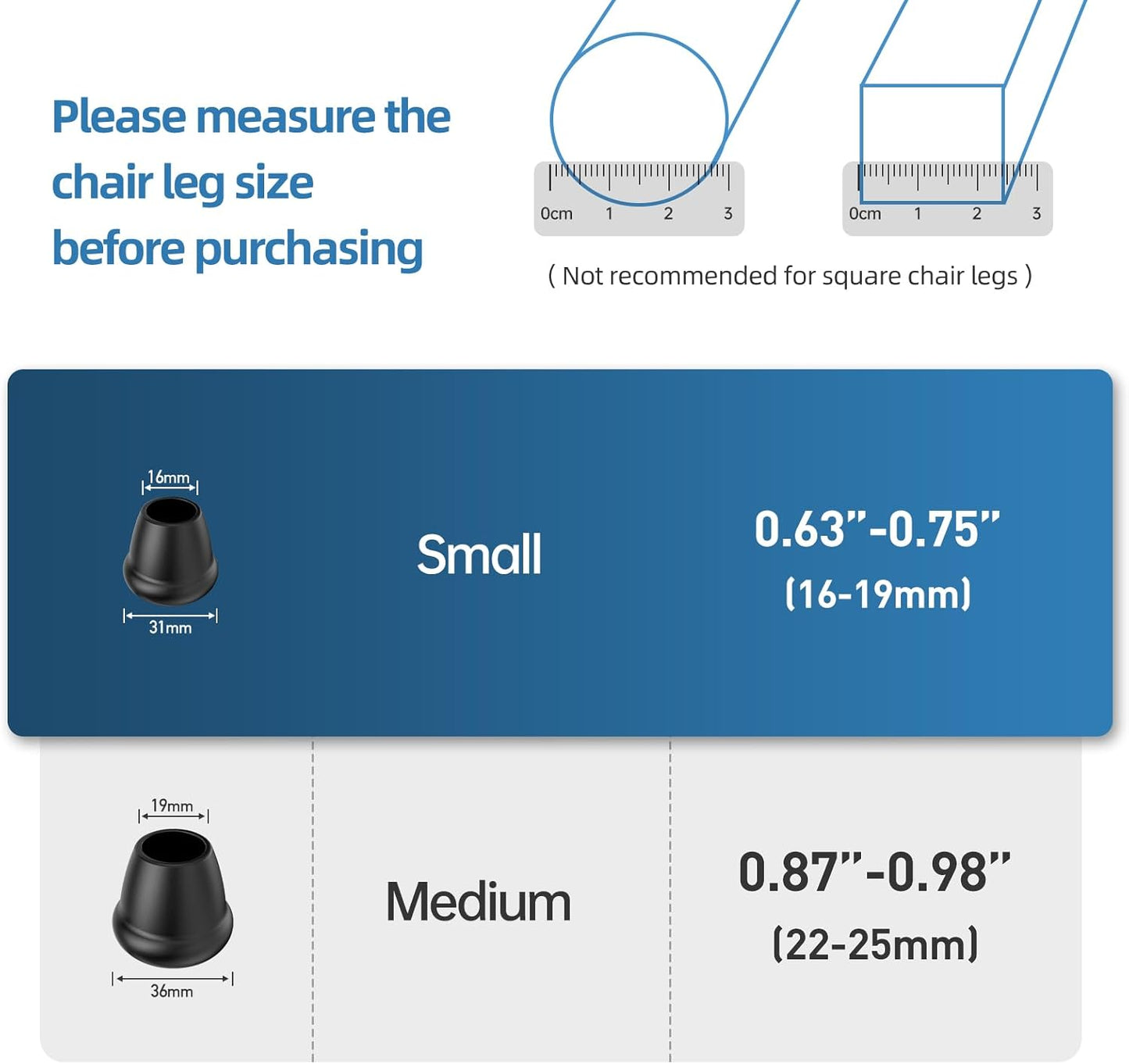 0.75 Inch Heavy Duty Rubber Chair Leg Caps - 24 PCS Non-Slip Furniture Floor Protectors with Metal Inserts for Wood, Tile, Carpet - Fits Chairs,Stools,Bar Stools