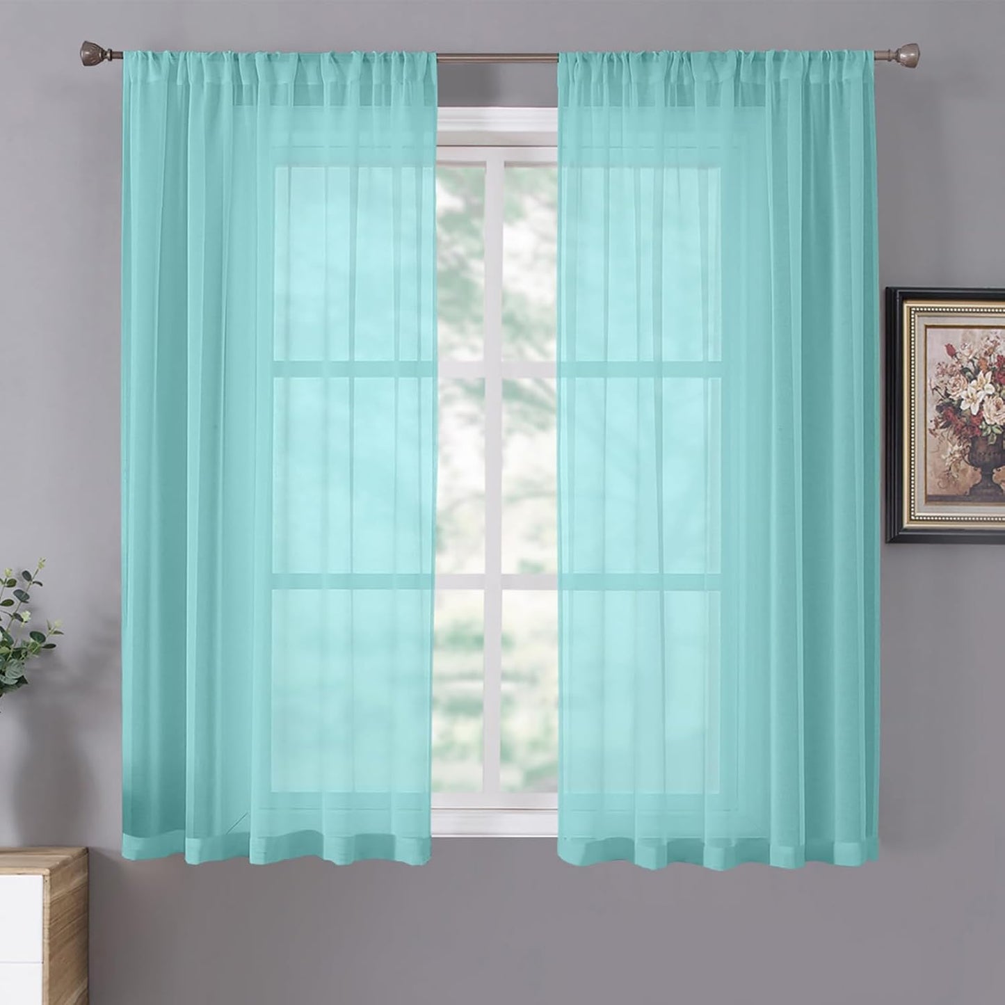 Tollpiz Sheer Curtains Linen Textured Living Room Curtain Sheers Light Filtering Rod Pocket Voile Curtains for Bedroom, 42 x 63 inches Long, Crystal Blue, Set of 2 Panels