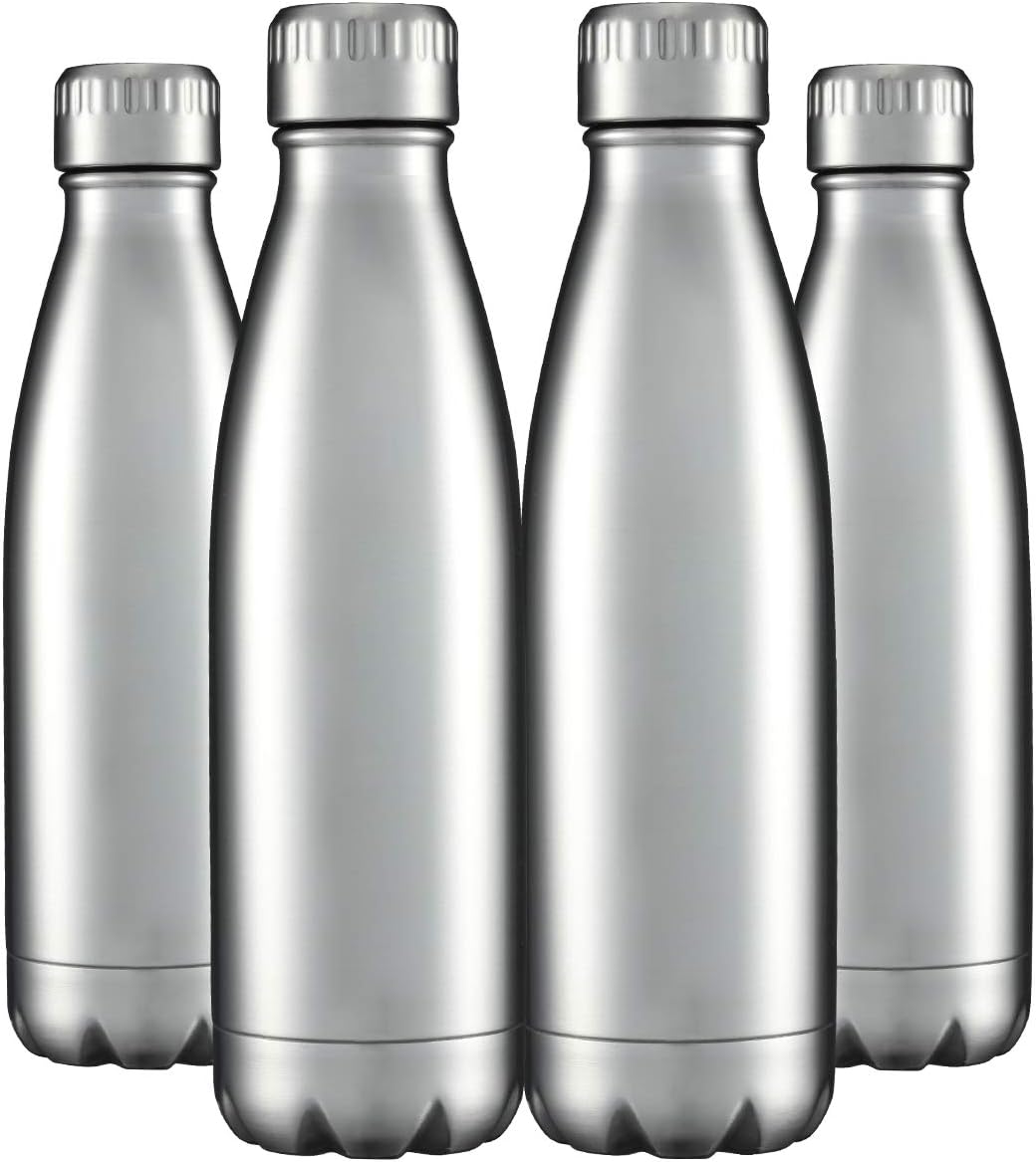 HASLE OUTFITTERS 17oz Stainless Steel Water Bottles Bulk, Vacuum Insulated Water Bottles Double Walled Reusable Metal Sports Water Bottles Keep Drinks Hot and Cold, Stainless, 4Packs