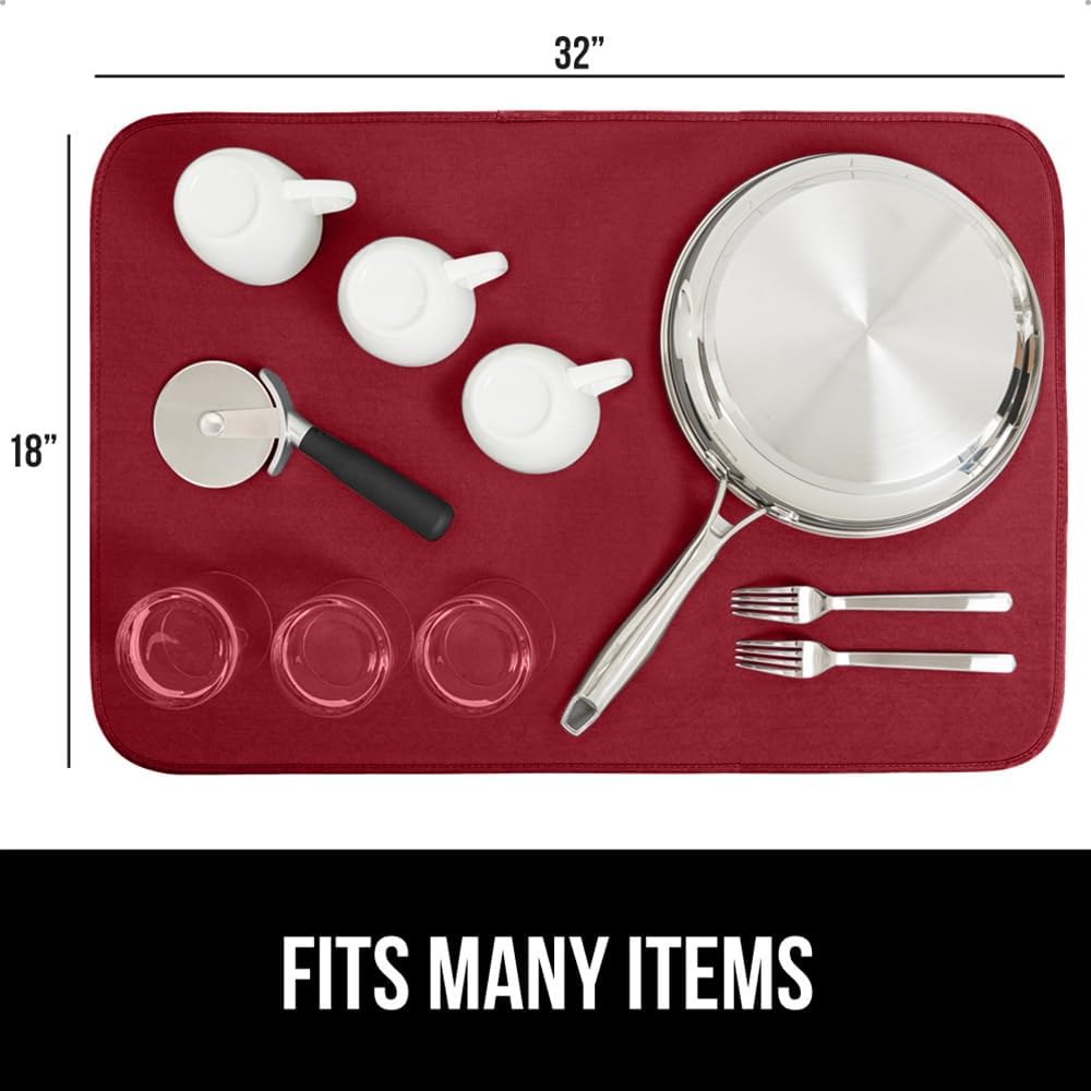 GORILLA GRIP Ultra Water Absorbent Microfiber Dish Drying Mat, 18x32, Quick Dry Thick Mesh, Slip Resistant Pad for Sink Dishes or Under Rack, Kitchen Counter Accessories, Machine Wash Mats, Red