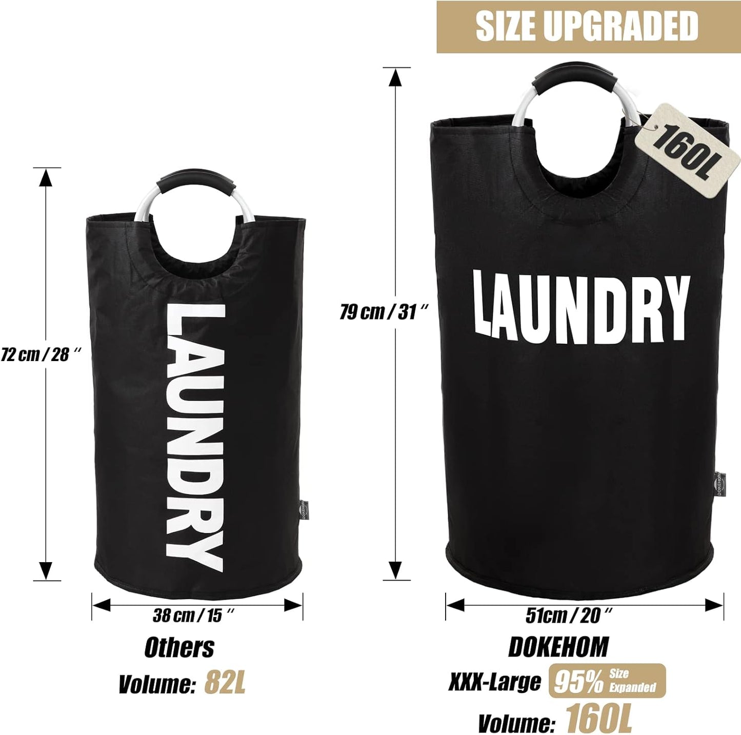 DOKEHOM 160L XX-Large Laundry Basket (7 Colors), Collapsible Laundry Bag, Foldable Laundry Hamper, Folding Washing Bin (Black, XXL)