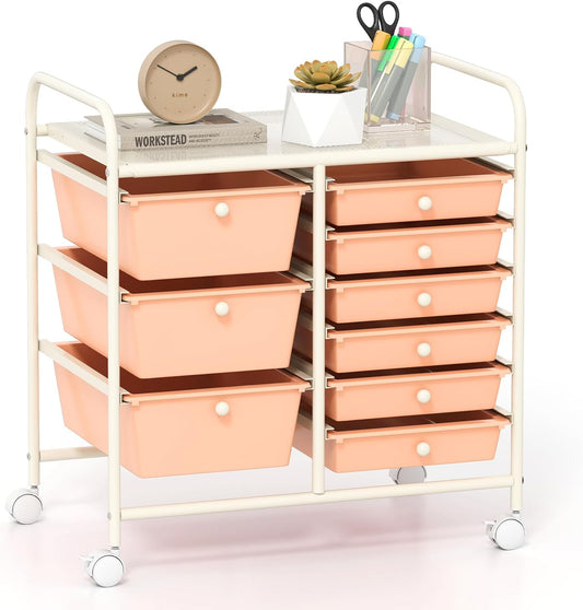 GOFLAME 9-Drawer Rolling Storage Cart, Mobile Utility Cart with Removable Drawers & Metal Frame, Art Craft Organizer Cart with Lockable Wheels, Storage Drawer Cart for Home Office School, Peach Fuzz