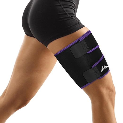 supregear Thigh Wraps Support, Adjustable Compression Neoprene Thigh Sleeve Hamstring Quad Wrap Upper Leg Brace for Women Men Pulled Groin Muscle, Quadriceps, Black + Purple, M