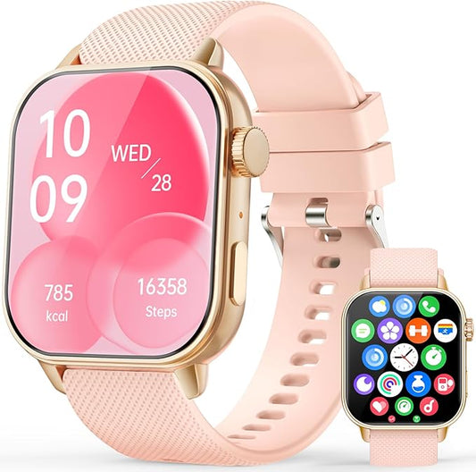Smart Watches for Men Women, 1.85'' AMOLED HD Fitness Tracker with 100+ Sports Modes, Smartwatches with Bluetooth Call/Heart Rate/Sleep Monitor/Pedometer, IP68 Waterproof Watch for Swimming, Gold