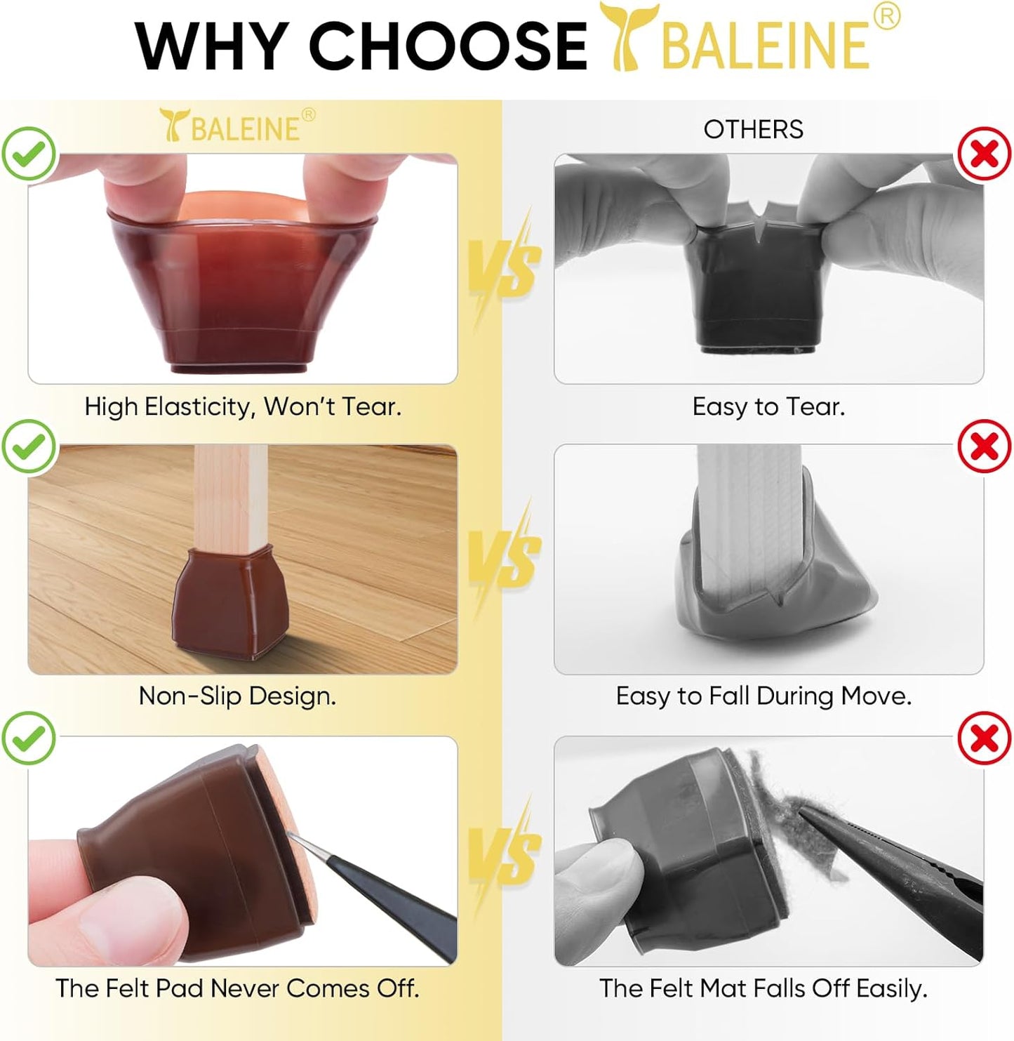 BALEINE 24 Pack Silicone Chair Leg Floor Protectors, Stool Leg Protectors Cap, Non-Slip Chair Leg Caps for Hardwood Floors (Brown & Small (Square), 24 Pack)