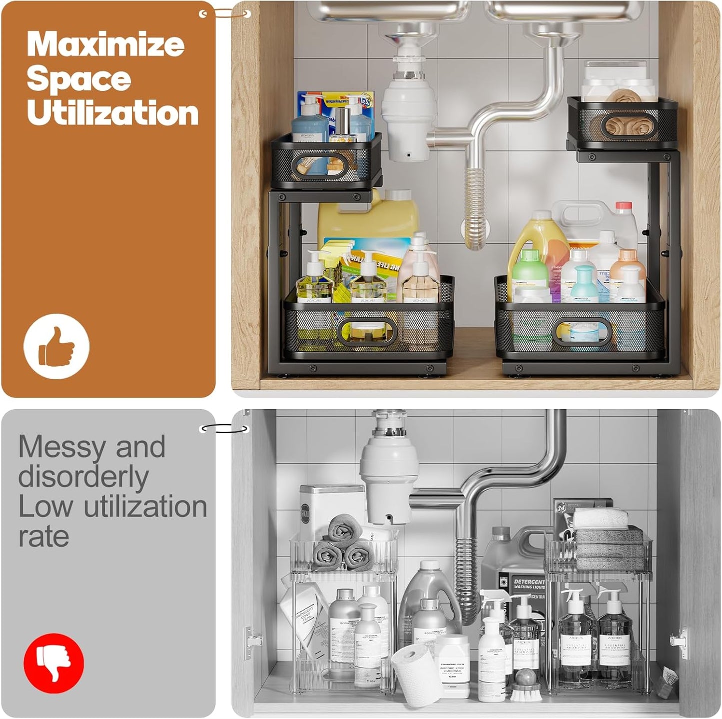 2 Pack 15.7IN-Depth Under Sink Organizer With Smooth Cylindrical Rail,2-Tier Pull Out Multi-Purpose Cabinet Storage for Bathroom&Kitchen,Height Adjustable,Rust-resistant Coating-Black