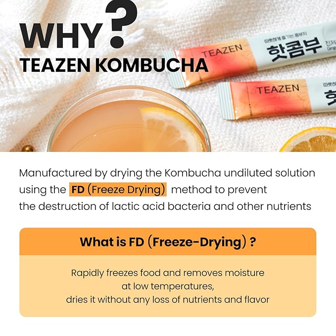 TEAZEN Lemon Ginger Hot Kombucha Tea, Spice Tea, Live Probiotics & Postbiotics, Relaxation and Warmth for Colds and Sore Throat, Hydration Drink Mix, Sugar Free, 10 Sticks, 1.76oz