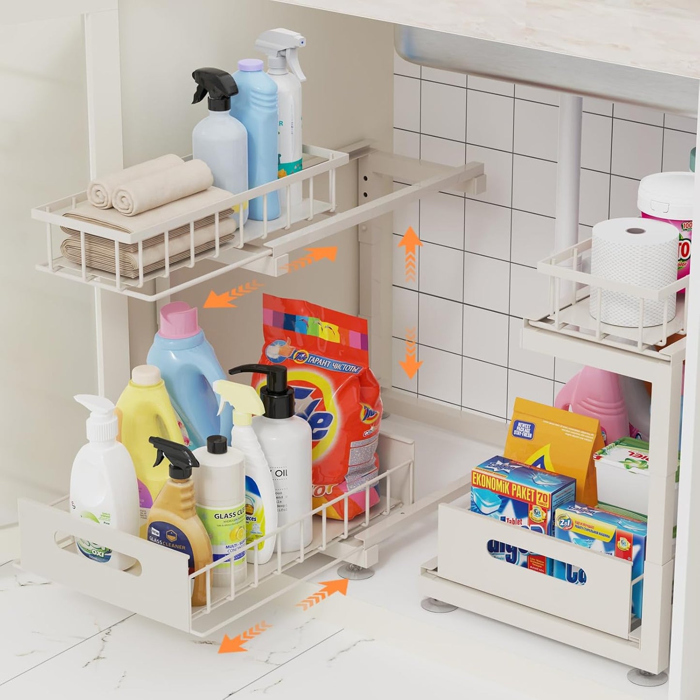 2 Pack Under Sink Organizer, 2-Tier Heavy Duty Metal Pull Out Cabinet Organizer Slide Out Sink Shelf Organizer Height Adjustable, Multi-Purpose Storage Shelf for Kitchen Bathroom (Sand, 2 Pack)