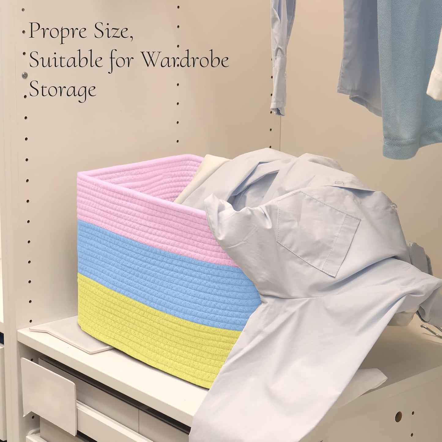 Hopegiver Woven Storage Baskets 15x11x10 Inch, 1 Pack Collapsible Cube Storage Bin for Shelves - Foldable Cotton Rope Organizer Bins for Towels, Toys, Books, Closet, Nursery (Pink Blue Yellow)