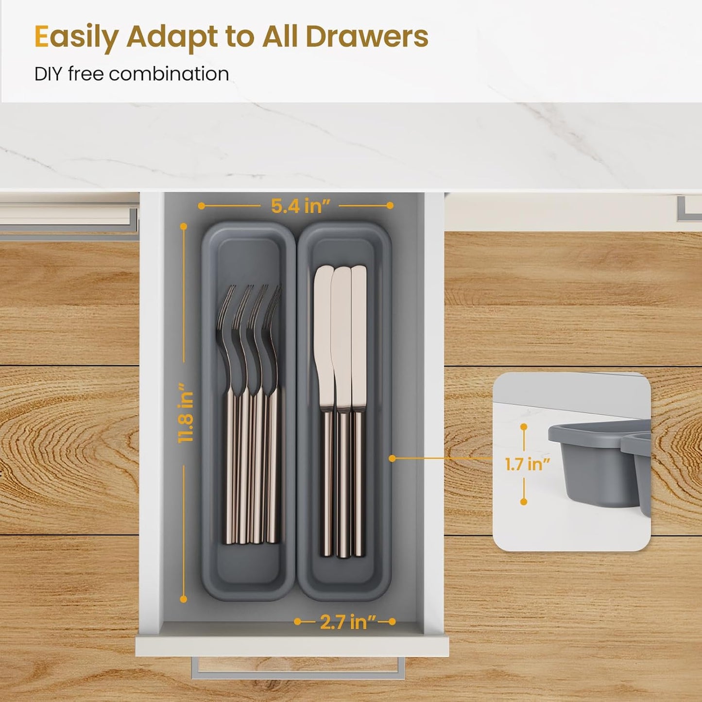 2 Pack Silicone Silverware Drawer Organizer, DIY Free Combination Kitchen Drawer Organizer, Utensil Organizer, Moisture-proof and Heat-resistant up to 200°C, Anti-slip and Environmentally (Grey)
