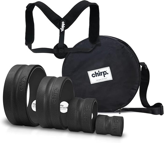 Ultimate Back + Neck Bundle, 4-Pack Chirp Wheel Massage Rollers, Carrying Case, Upper Back Posture Corrector, Includes Focus, Muscle Massage, and Gentle High Density Foam Rollers, Up to 500 lbs, Black