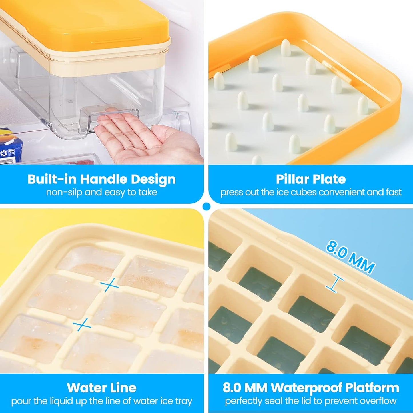 Ice Cube Tray with Lid and Bin, 32 pcs Ice Cubes Molds, Ice Trays for Freezer, Ice Cube Tray Mold, with 1 tray, Ice Freezer Container, Spill-Resistant Removable Lid & Ice Scoop, for Whiskey,Cocktail