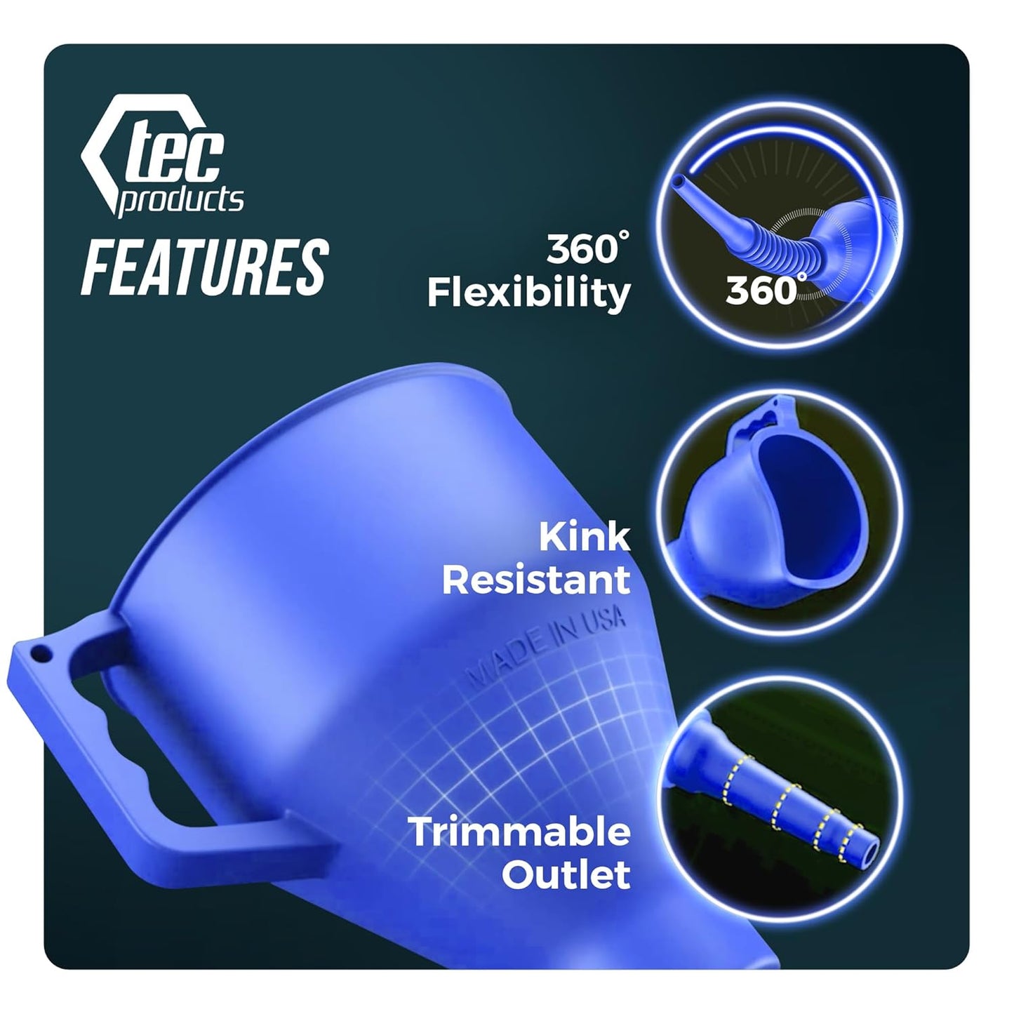 TEC Products FlexAll Long Flexible Funnel for Automotive Use - Durable Nitrile Rubber - Ideal for Car Oil Change, Transmission Funnel Fluid, Diesel, Fuel, Gas - Made in USA - Blue (12 x 4 Inches)