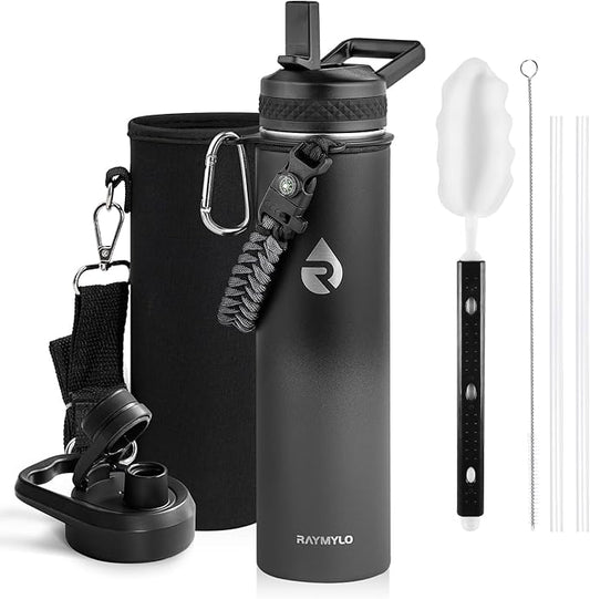 Insulated Water Bottle 24oz, Triple Wall Vacuum Stainless Steel (Cold for 48 Hrs, Hot for 24Hrs), Leak Proof & Non-BPA, 24oz Hydro Water Flask with Paracord Handle & Straw Spout Lids