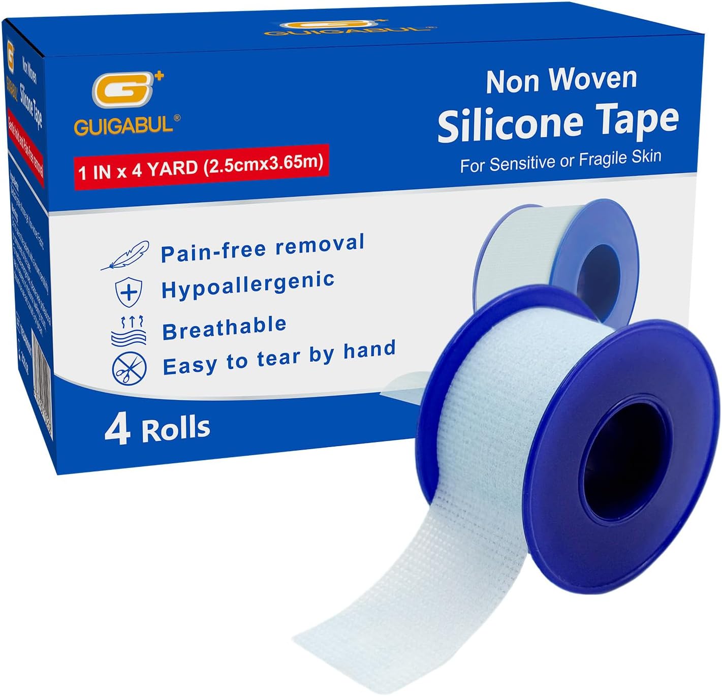 Silicone Surgical Tape 1" x 4yd (4 Rolls),Medical Tape for Sensitive Skin,Surgical Tape Pain-Free Removal Hypoallergenic Repositionable Adhesive Tape for Dressings,Face,First Aid