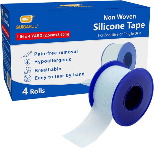 Silicone Surgical Tape 1" x 4yd (4 Rolls),Medical Tape for Sensitive Skin,Surgical Tape Pain-Free Removal Hypoallergenic Repositionable Adhesive Tape for Dressings,Face,First Aid