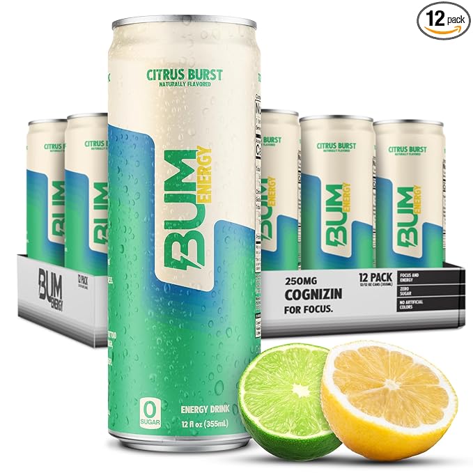 BUM Sugar-Free Energy Drink, Citrus Burst - Lightly Carbonated & No Artificial Colors, Natural Caffeine & Citicoline for Energy & Focus, Brain Boost & Workout Sports Beverage - 12 oz, Pack of 12