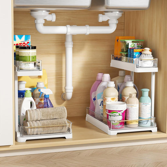 heart & home 2-Pack Under Sink Storage Organizer for Kitchen & Bathroom Cabinets with Removable Washable Tray, Tool-Free Assembly – Multi-Purpose for Countertop, Laundry & Vanity, White