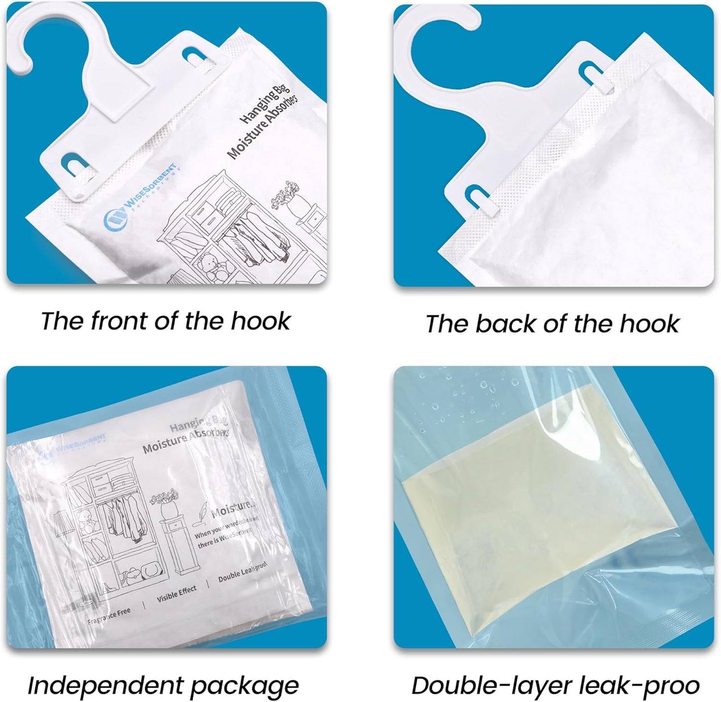 Moisture Absorber Hanging Bags 6 Pack - 7 oz Fragrance-Free Dehumidifier for Closet, Bathroom, Bedroom – Double Leak-Proof Design & Dual-Sided Absorption