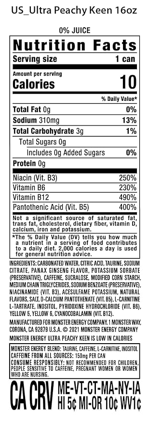Monster Energy Ultra Peachy Keen, Sugar Free Energy Drink, 16oz (Pack of 24)