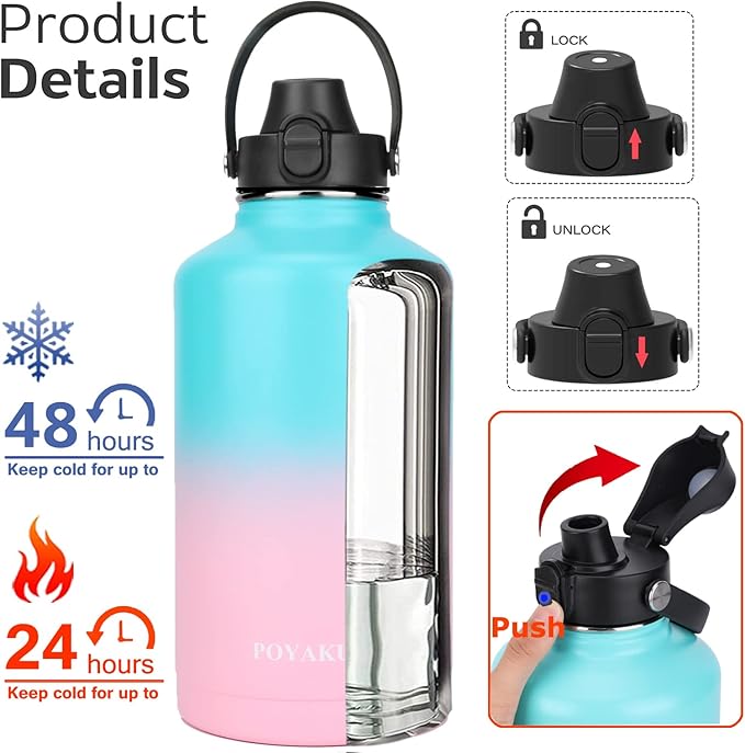 Water Bottle Insulated 32oz 40oz 64oz 128oz Straw Lid Spout Lid & 3 Lids, Leak Proof, Vacuum Insulated,Stainless Steel Water Bottle Wide Mouth for Sports, Gym or Office