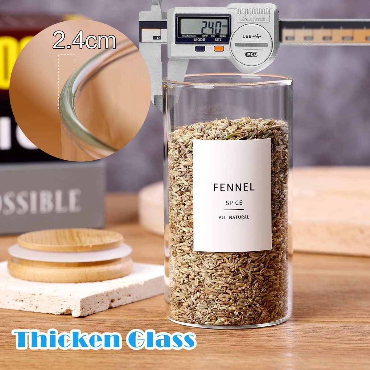 12 Pcs Glass Spice Jars With Bamboo Airtight Lids, 8oz Thicken(2.4mm) Spice Containers With 148 Minimalist Preprinted Waterproof Spice Labels, Kitchen Empty Small Storage Jars For Seasoning, Herb