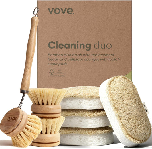 Vove Cleaning Duo, Bamboo Dish Brush Set and Natural Dish Sponges, FSC-Certified Bamboo, Sisal, Loofah, Cellulose, Plastic-Free, Eco-Friendly Zero-Waste Kitchen Dish Scrubber Set