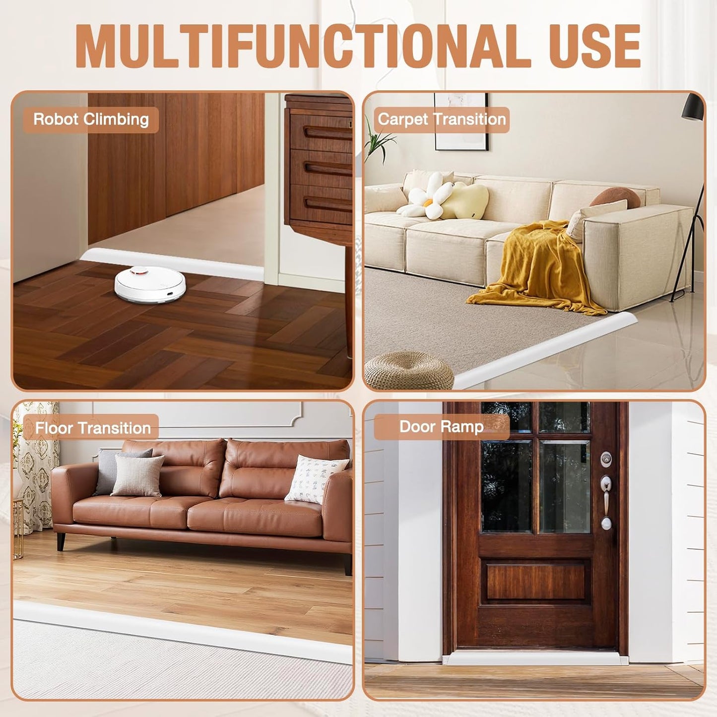 Floor Transition Strip Self Adhesive Vinyl Door Threshold for Doorways Carpet Edging Trim Overlap Edge Reducer for Laminate Floor, Carpet, Tile (White, 2/5" to 3/5", 6.6Ft)