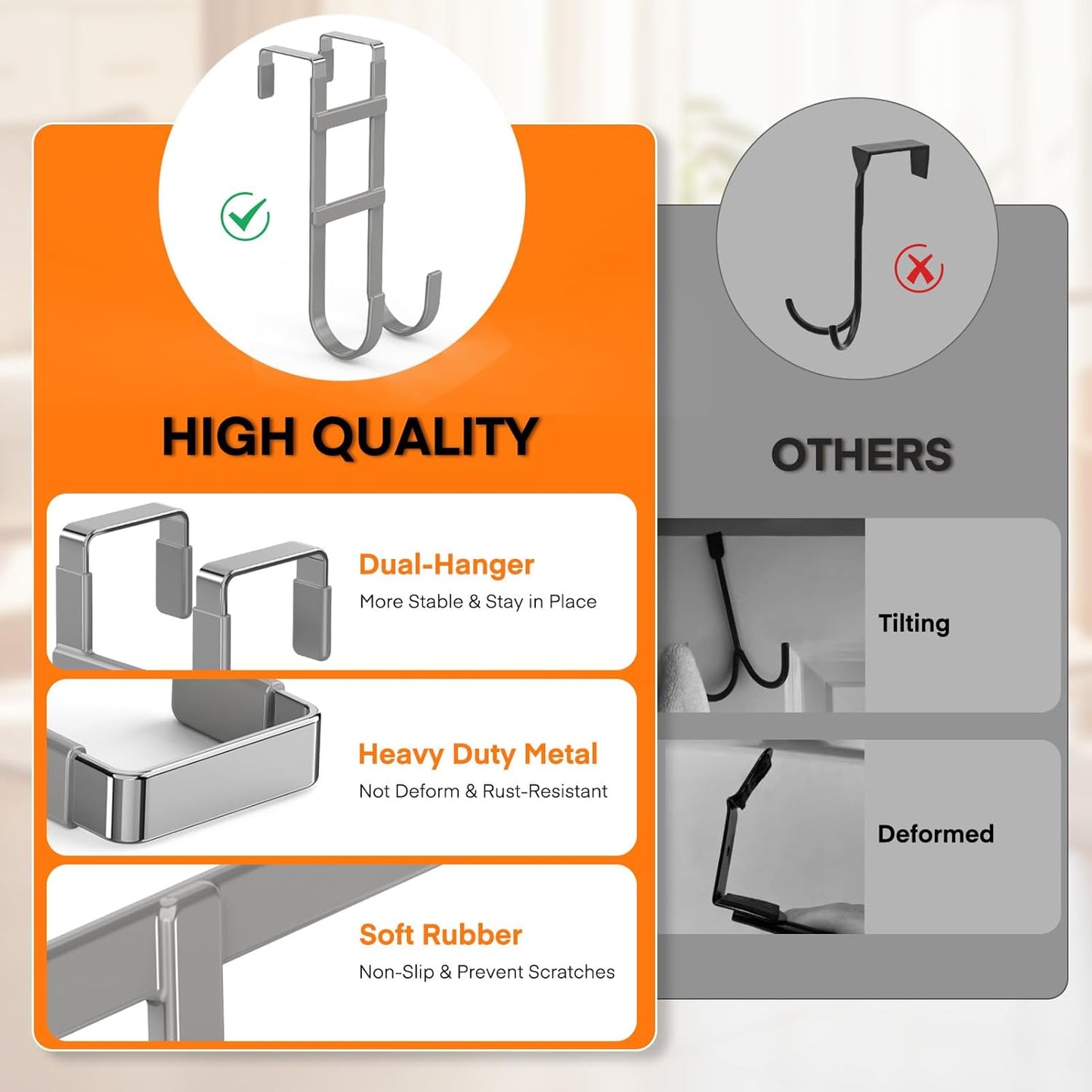 FYY Over The Door Hooks - 4 Pack Heavy Duty Dual-Hook Organizer Hanger with Non-Slip Rubber for Towels, Clothes, Hats & Bags Use in Bathroom, Bedroom, Kitchen - Fits Interior Doors Up to 1.6" Grey