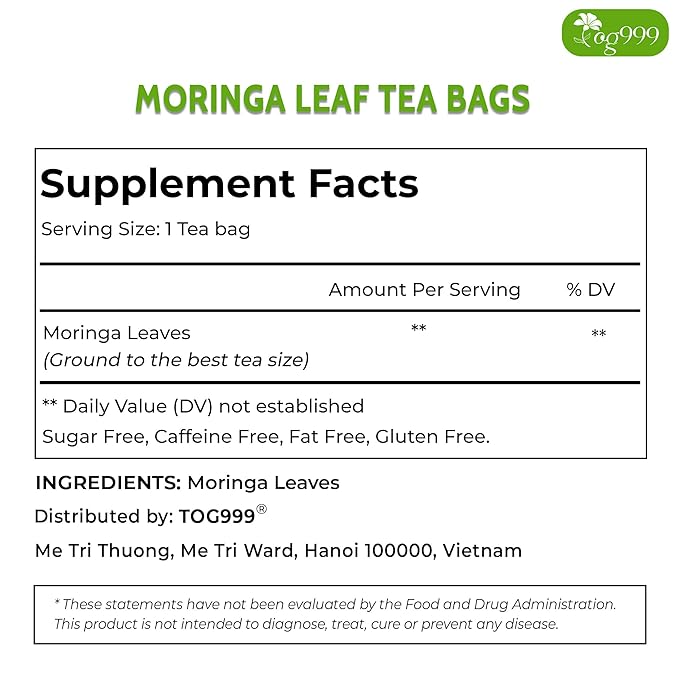 TOG999, Premium 120 Moringa Leaf Tea Bags, 100% Natural & Pure. Loose Leaf Moringa Herbal Tea. No Sugar, No Caffeine, No Gluten, Vegan.