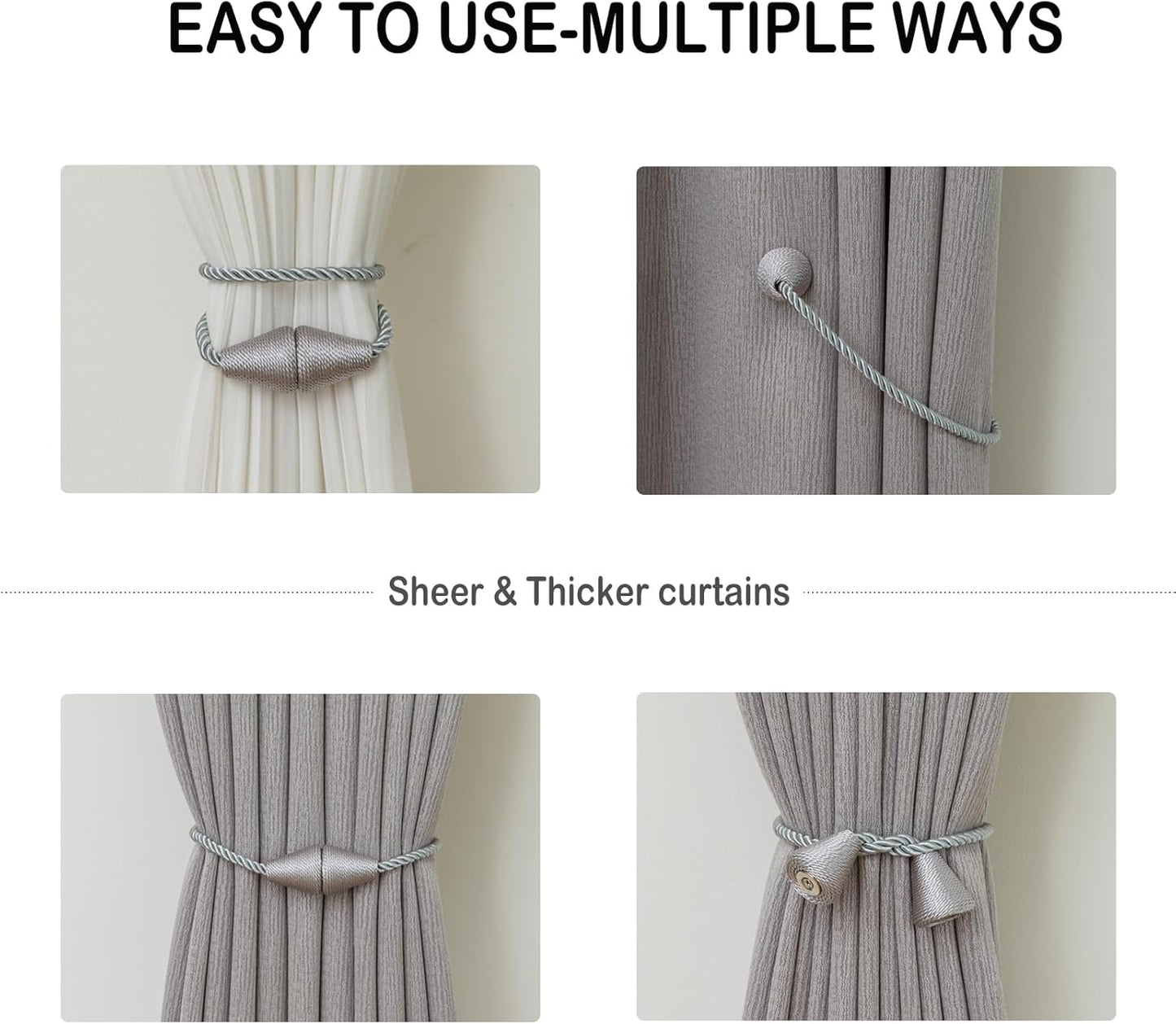 Magnetic Curtain Tiebacks 8 Pack Outdoor Rope Curtain Tie Backs Decorative Window Treatment Holdbacks for Home Decorative Curtain, Grey