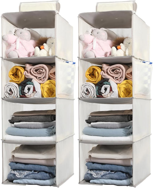2 Packs Hanging Closet Organizer Storage, 4-Shelf Hanging Shelves for Closet, Closet Clothes Organizer and Storage with Side Pocket, Beige