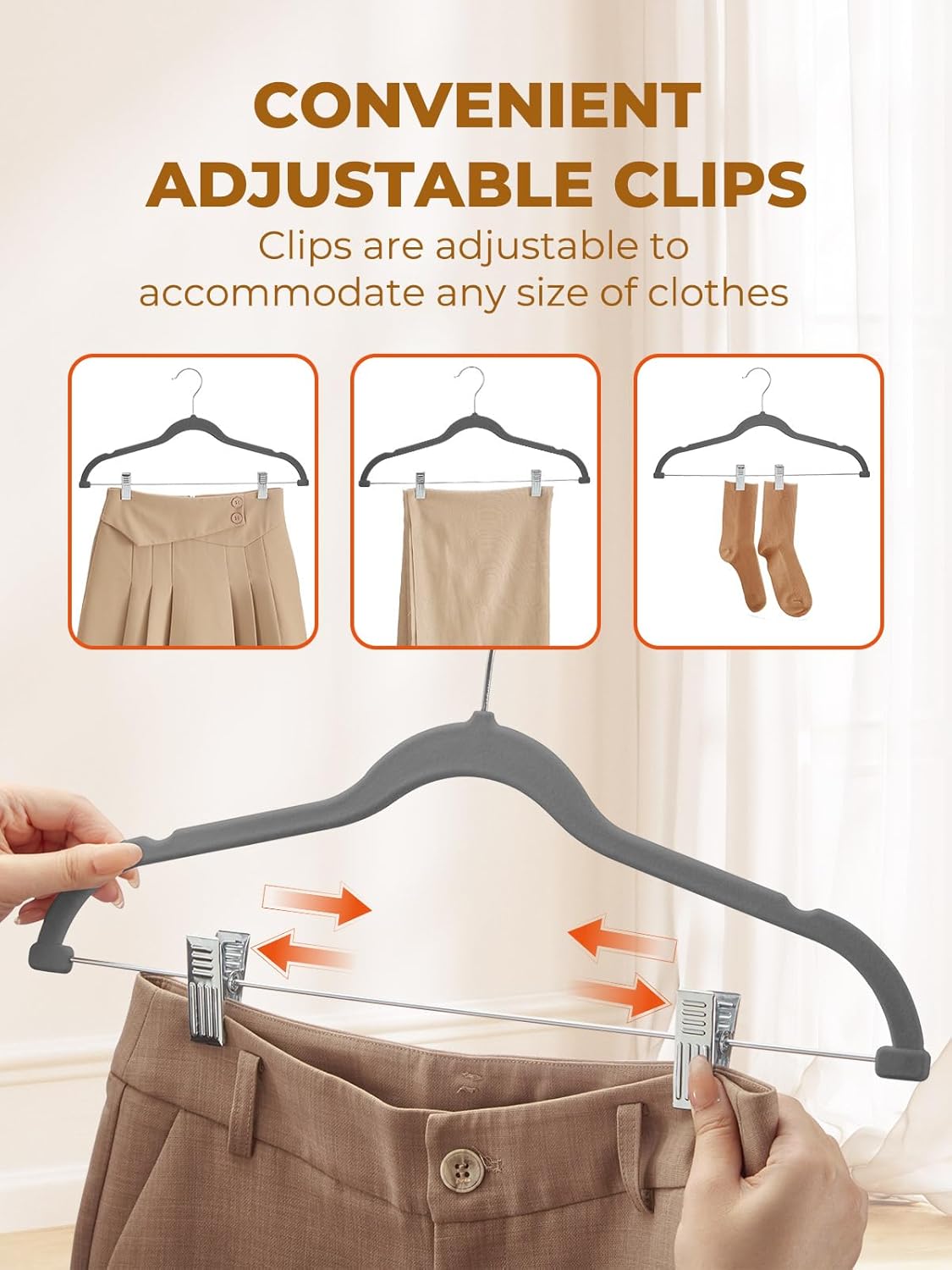 HOUSE DAY Velvet Skirt Hangers 12 Pack, Gray Velvet Pant Hangers with Adjustable Clips, Space Saving Slim Shorts Hanger, Heavy Duty Non Slip Clip Hanger for Pants, Skirts, Shorts