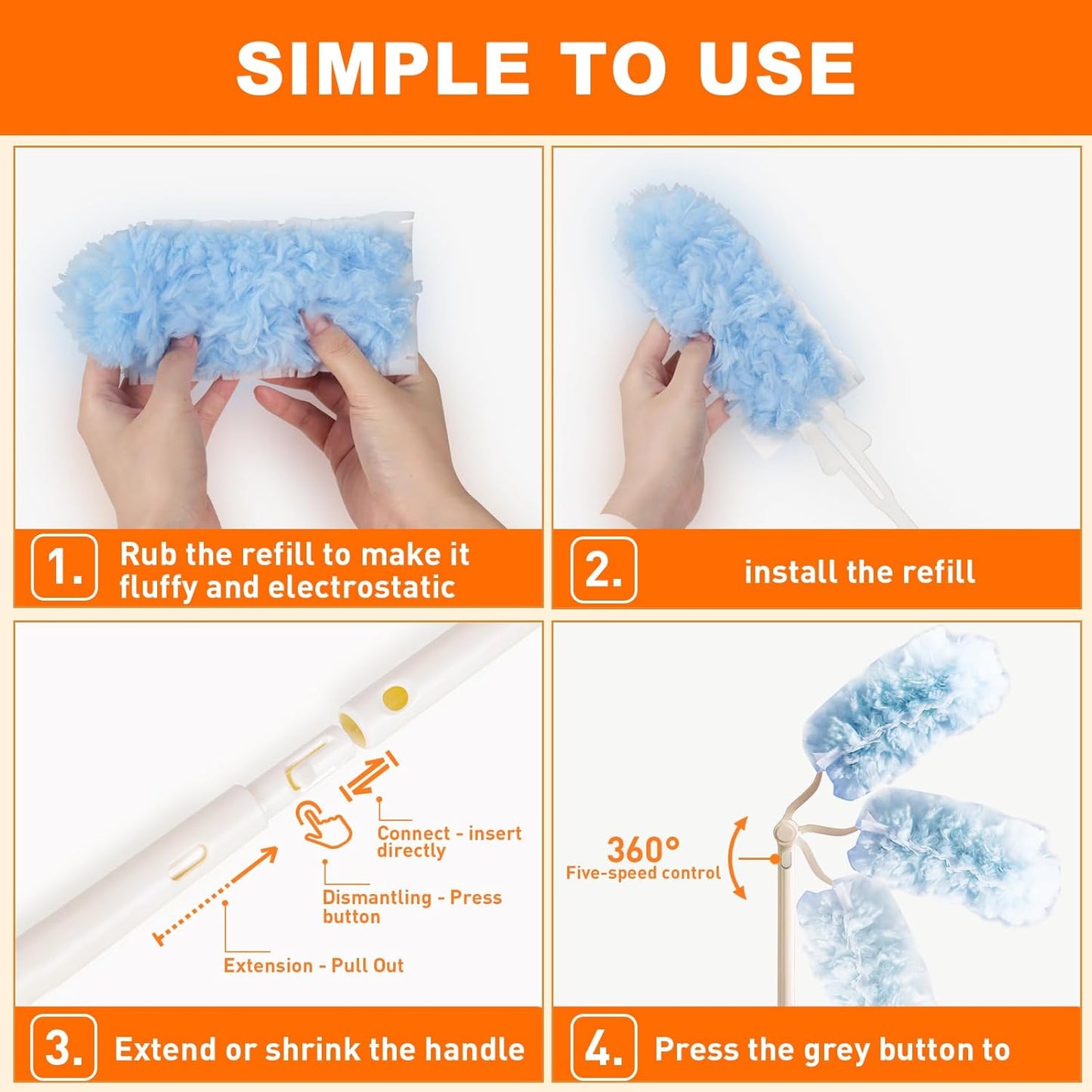 Heavy Duty Duster Refills for Swiffer Dusters, 360° Multi-Surface Microfiber Duster Refills with 2.5 ft Extended Handle, Unscented Disposable Feather Dusting Kit (30 Count Refills, 2 Handles)