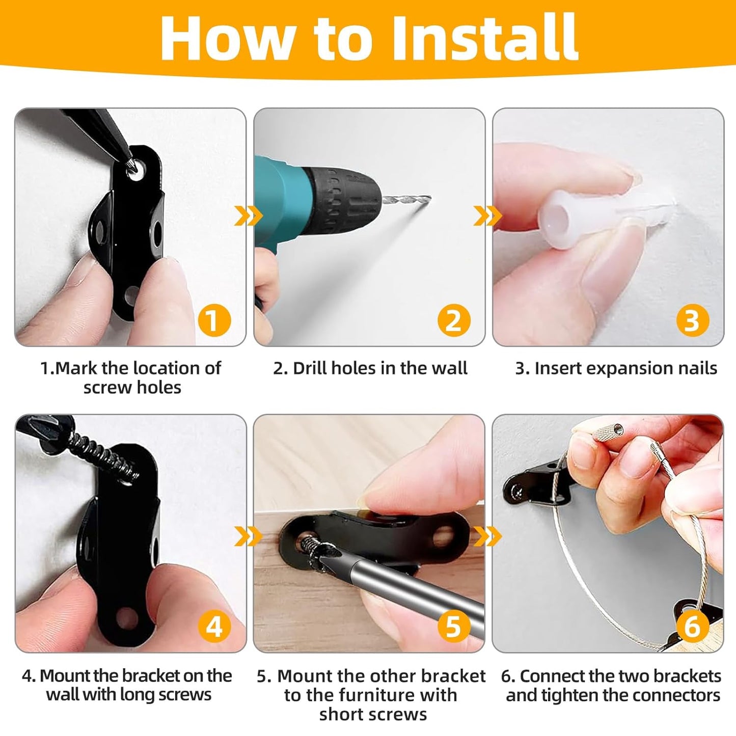 10-Pack Baby Proof Heavy Duty Furniture Anchors for Dressers, Bookcases and TV Cabinets 400LB Anti Tip Kit with Stainless Steel Hardware Shock Straps (Black)