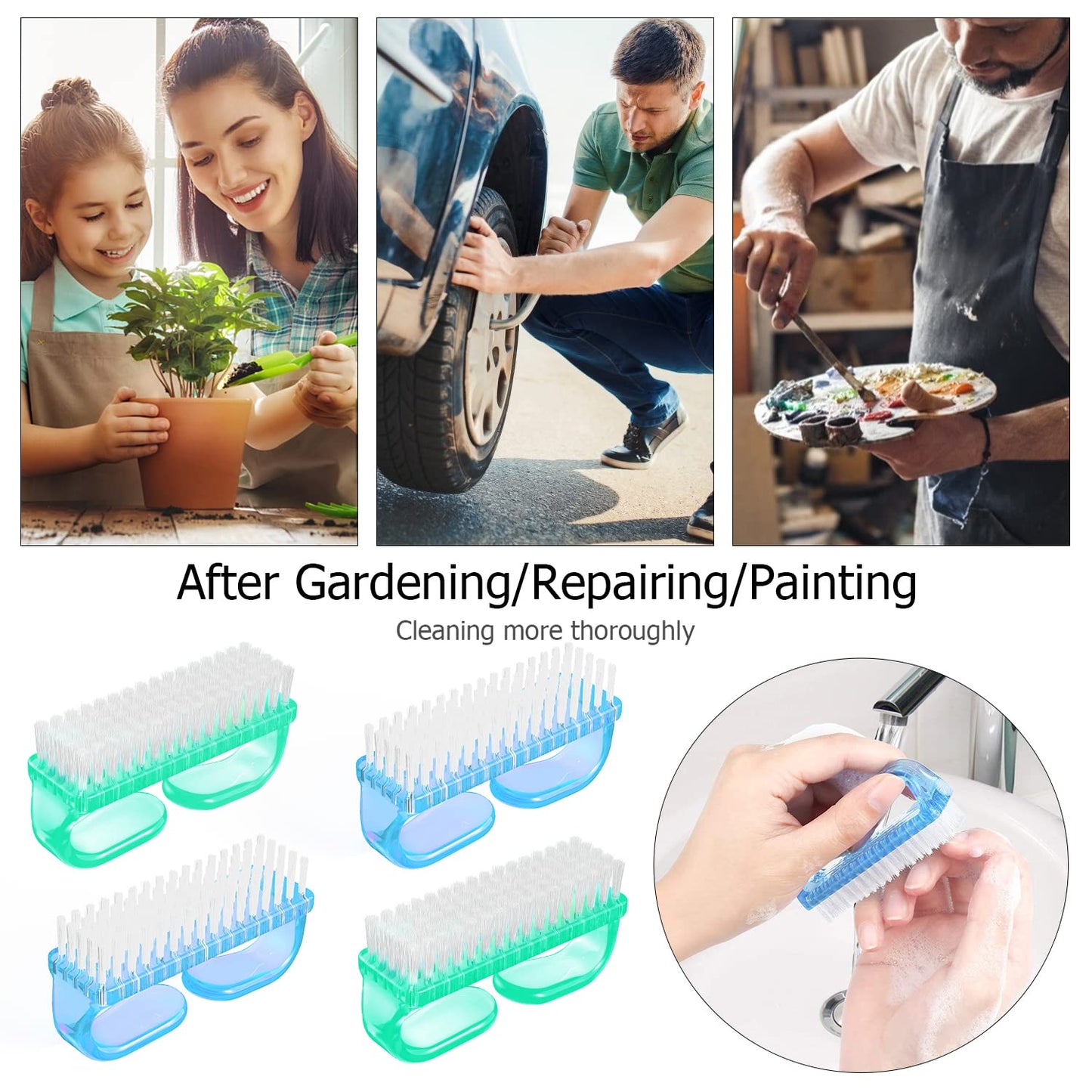 Handle Grip Nail Brush, Hand Fingernail Brush Cleaner Scrubbing Kit Pedicure for Toes and Nails Men Women (4 Pack)