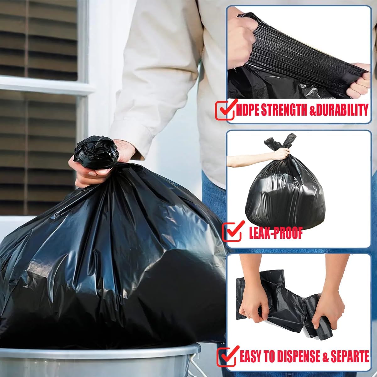 13 Gallon Trash Bags, 100 Count Black Tall Kitchen Garbage bags, Multi-purpose Trash Can Bin Liners for Bathroom, Office, Industrial, Commercial, Janitorial, Municipal, Recycling