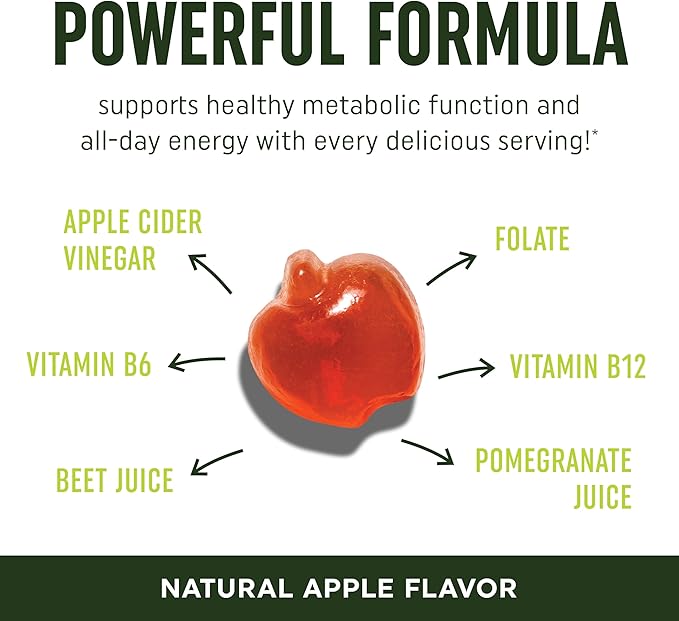 Metabolism Gummies with Apple Cider Vinegar | Energy, Digestion & Lean Body Mass Support | Apple Cider Vinegar Gummies with The Mother, B12 & Folate | Metabolism Support for Women & Men | 60 Ct.