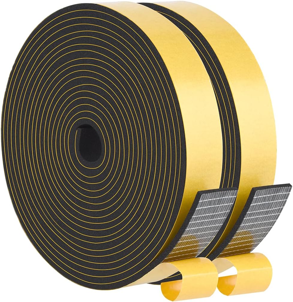 Weather Stripping High Density, Soundproof Door Seal Strips, 1 in x 1/8 in Weatherproof Foam Insulation Tapes for Windows Sliding Doors, Easy Cut to Size, 2 Rolls Total 33Ft
