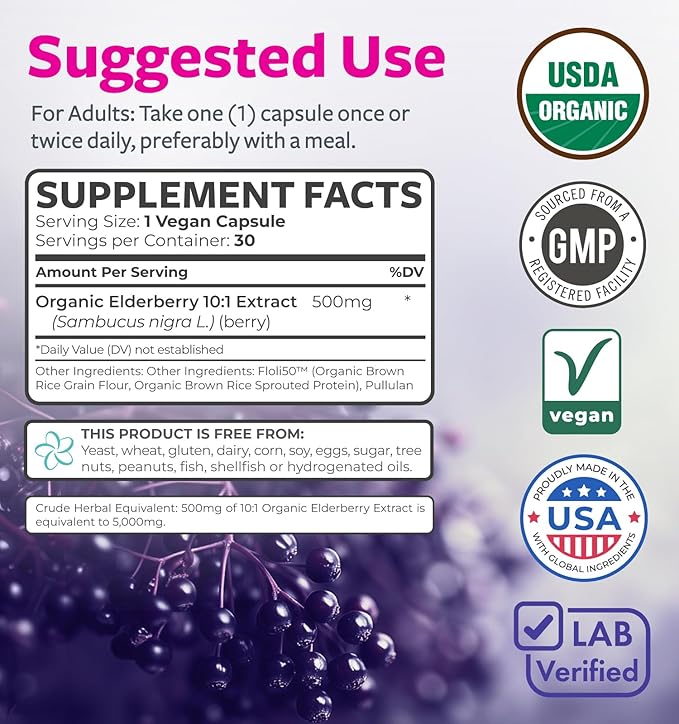 Organic Elderberry Capsules - 10:1 Extract Equals 5,000mg of Fresh Elderberries (Vegan) for Immune Support, Allergy, Sinus Relief - Sambucus Nigra - Black Elderberry - 30 Caps (No Pills or Gummies)