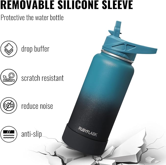 64oz Insulated Water Bottle with Straw, Half Gallon Stainless Steel Vacuum Water Jug, Large Thermal Water Bottle Flask with Leakproof 3 Lids for Travel, Camping, Gym Sports Light Blue