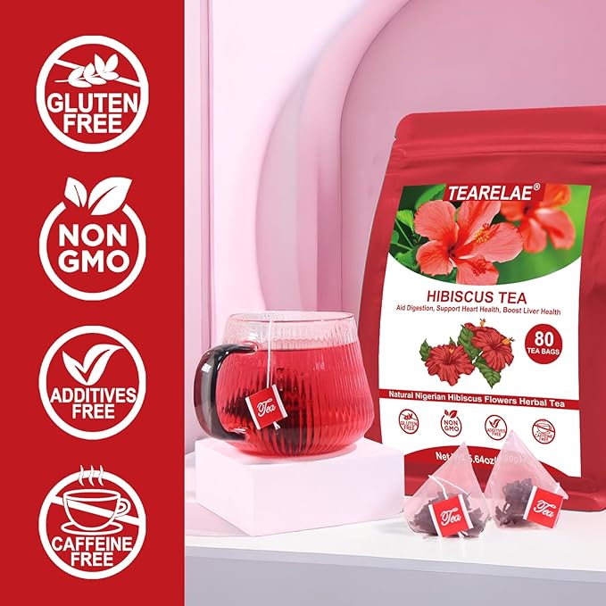 TEARELAE - Hibiscus Tea Bags - 2g x 80 Count - 100% Pure Hibiscus Flowers - Country of Origin Nigeria - Non-GMO - Caffeine-free - Aid Digestion & Support Heart Health