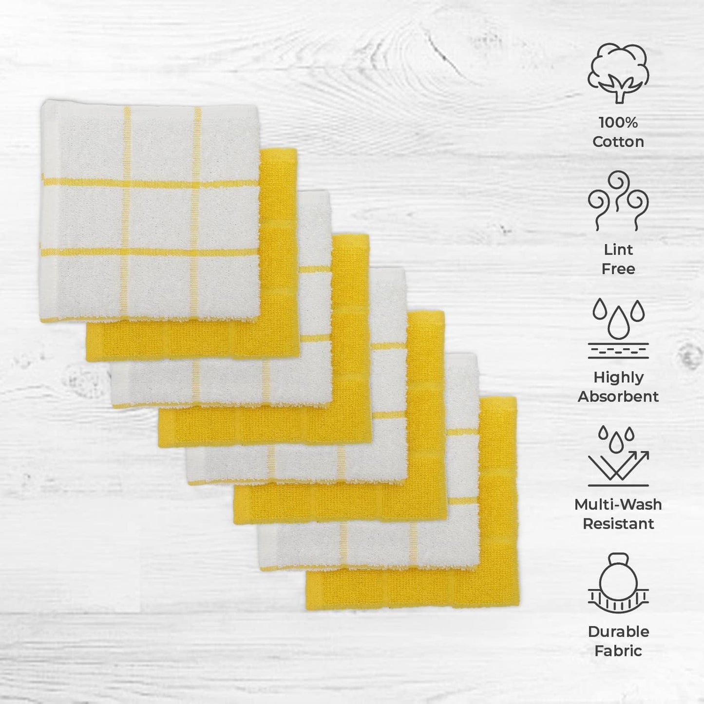 100% Cotton Terry Dish Cloth & Dish Towel, 6 Pack, Super Soft and Absorbent Kitchen Towels, Perfect for Kitchen Cleaning and Dish Washing (Yellow (Solid and Checks) 8 Pack)