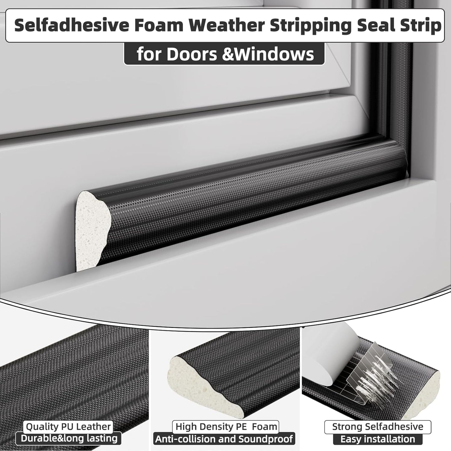 3 Pack*16.4 Ft Weather Stripping Seal Strip for Doors,Soundproofing Window Insulation Draft Stopper for Winter, Selfadhesive Foam Weather Strip for Door Frame,Door Gap Filler Noise Blocker(Black)