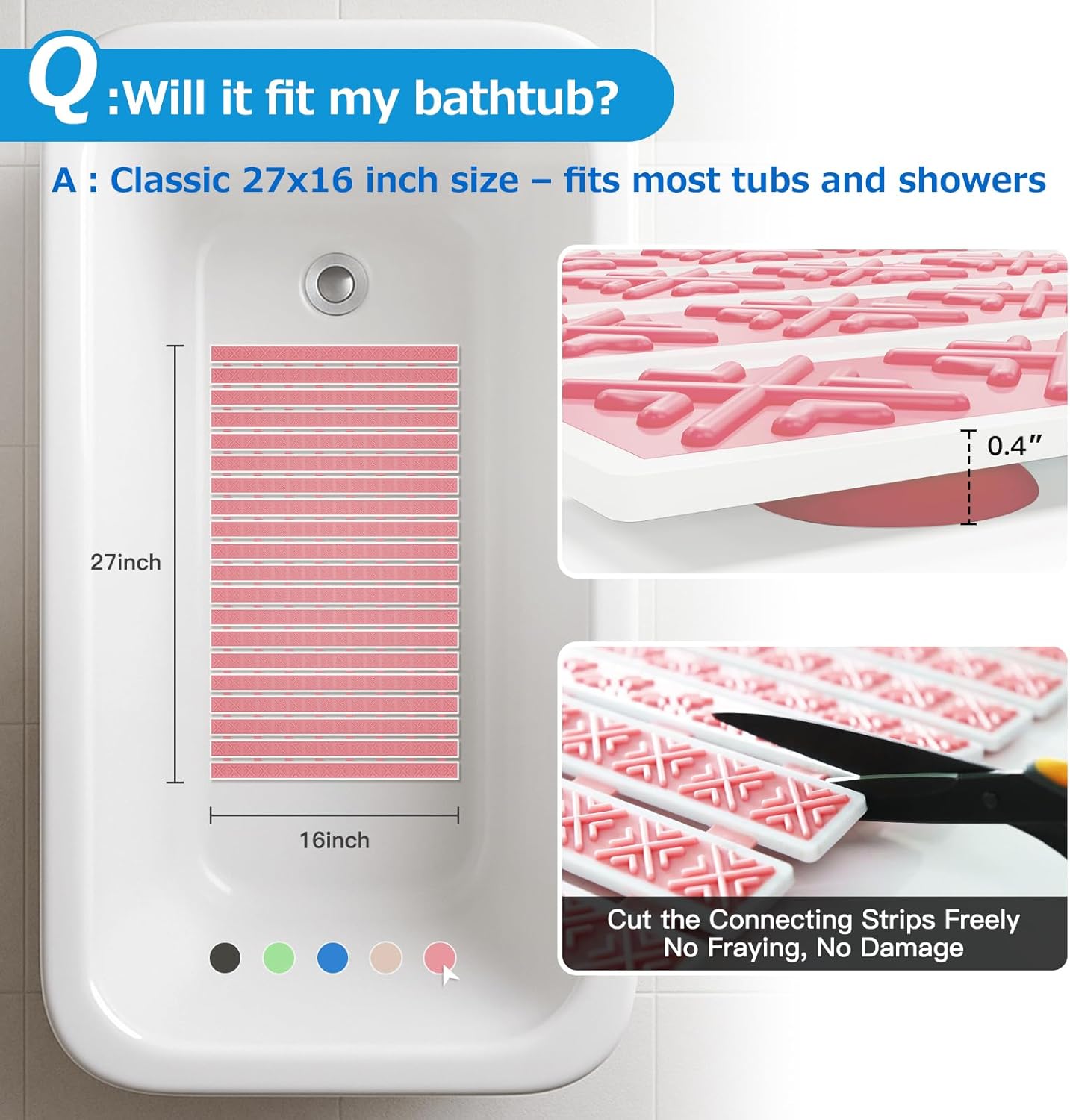 Matace Non Slip Rubber Bathtub & Shower Mat with Suction Cups, Thick Textured Surface, Fast Drain and Upright Drying Design, No Pooling Water for Better Hygiene, 27 x 16 Inch, Pink