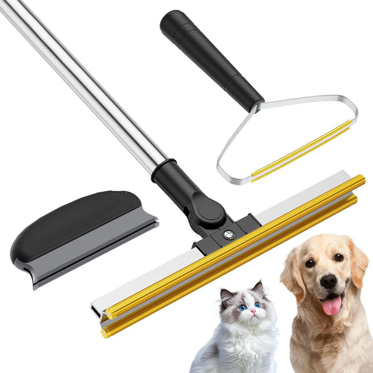 3 in 1 Carpet Rake for Pet Hair Removal, Tool Set of 3, 55” Long Handle Carpet Pet Hair Removal Carpet Scraper Dog Cat Hair Remover for Sofa, Couch, Car, Rug (Black)