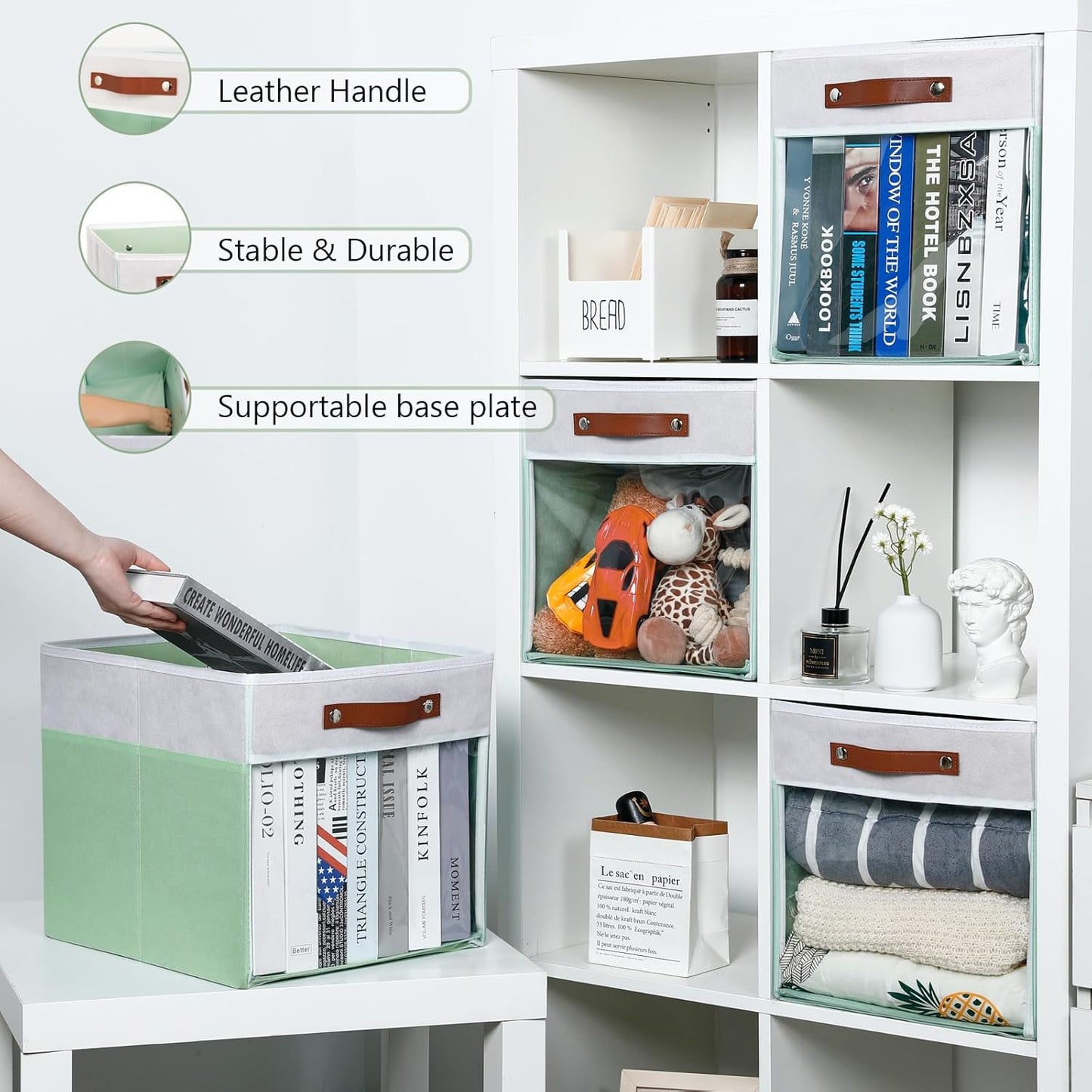 HNZIGE 13x15x13 Cube Storage Bins, 4 Pack Fabric Clear Organizer With Window, Large Collapsible Shelf Bins for Closet, Toy, Clothes - White Green