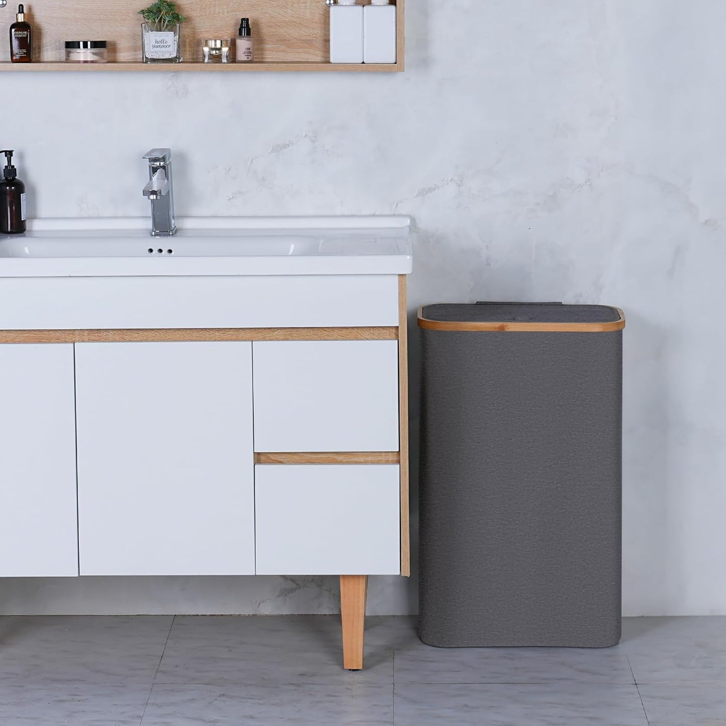 Slim Laundry Basket,60L Laundry Hamper with Lid, Tall Hamper for Laundry,Dirty Cloth Hamper with Bamboo Handle for Toys,Towels, Clothes Organizing,Grey