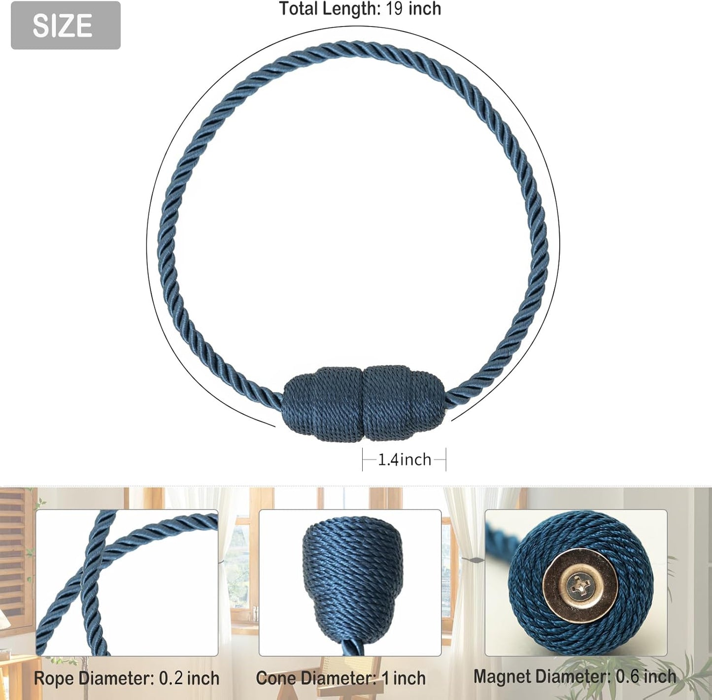 Magnetic Curtain Tiebacks Rope Curtain Tie Backs for Curtains 8 Pack Curtain Holders for Drapes Decorative Window Curtain Holdbacks, Blue